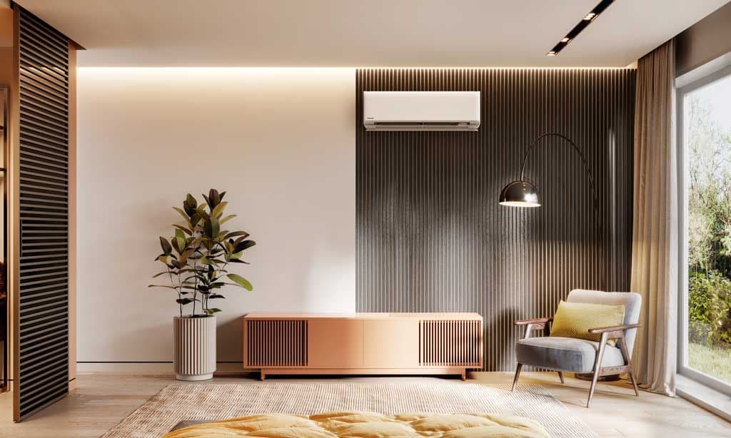 Wandmodel airconditioning in een woonkamer